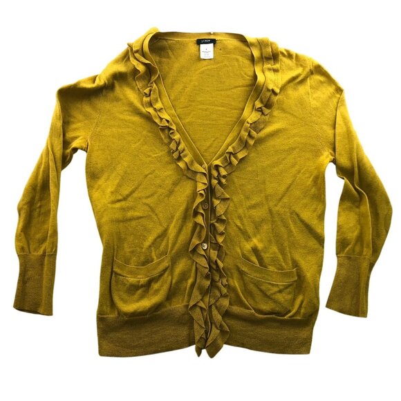 J.Crew Womens Cardigan Sweater Small Mustard Ruffled V-Neck Button Up Knit Y2K - Picture 1 of 10
